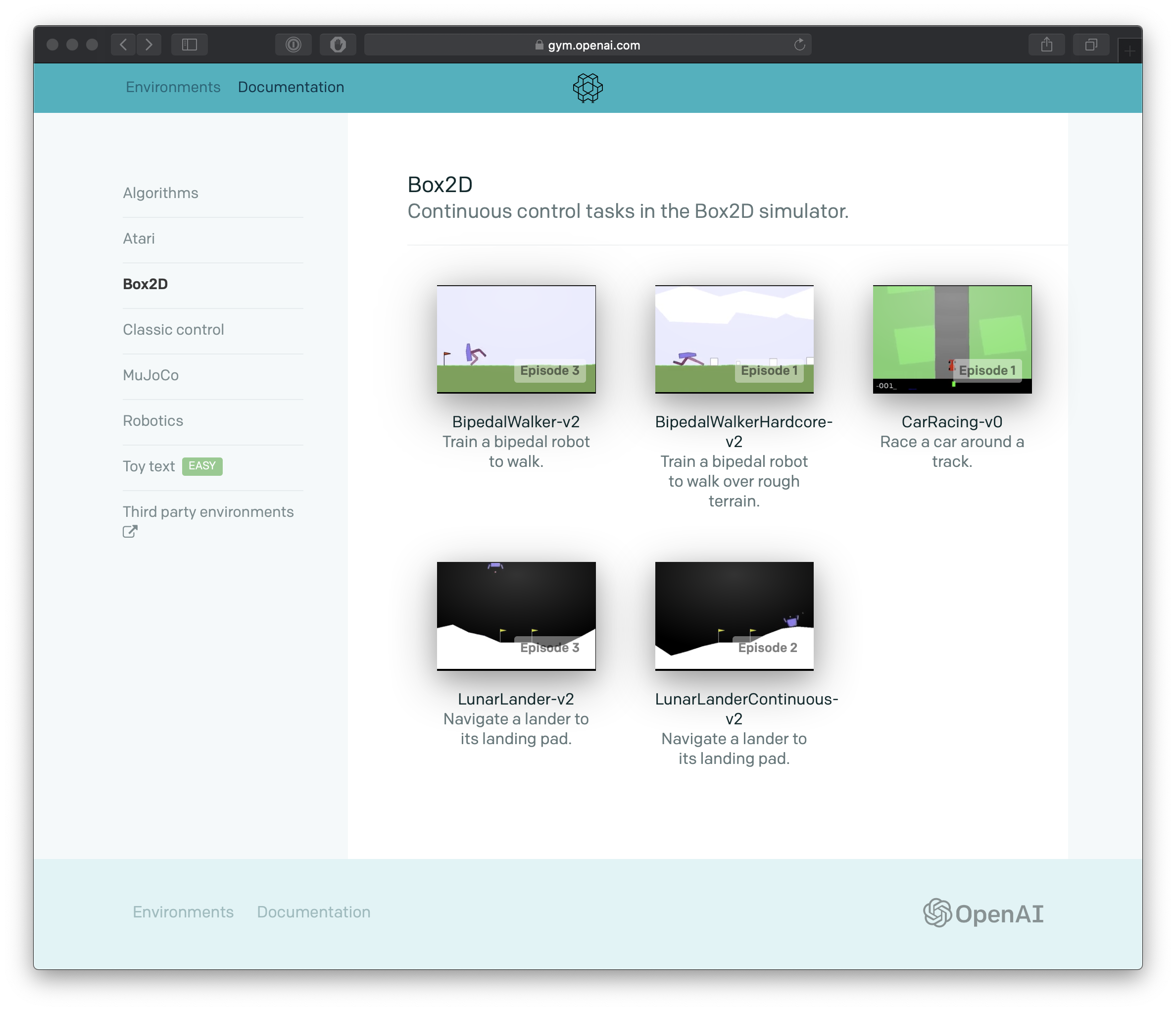 OpenAI Gym 环境列表